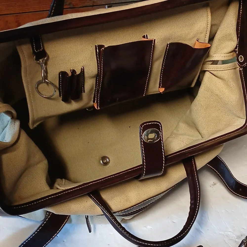 LEVENGER Canvas LEATHER Trim TOTE BAG PURSE BROWN & Tan - Picture 5 of 10